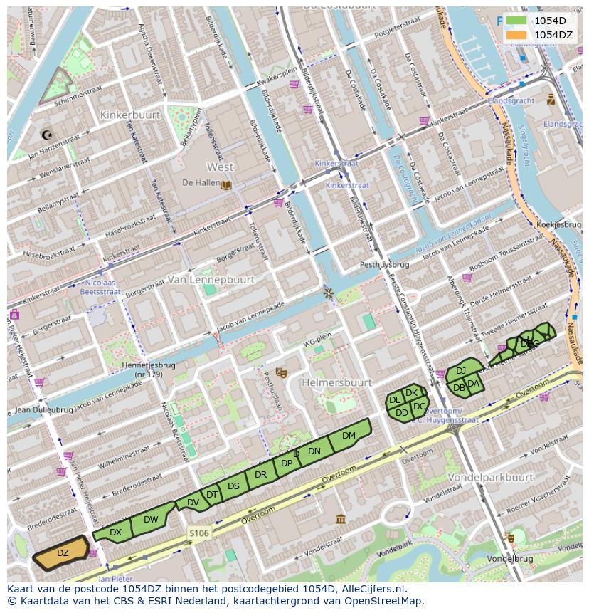 Afbeelding van het postcodegebied 1054 DZ op de kaart.