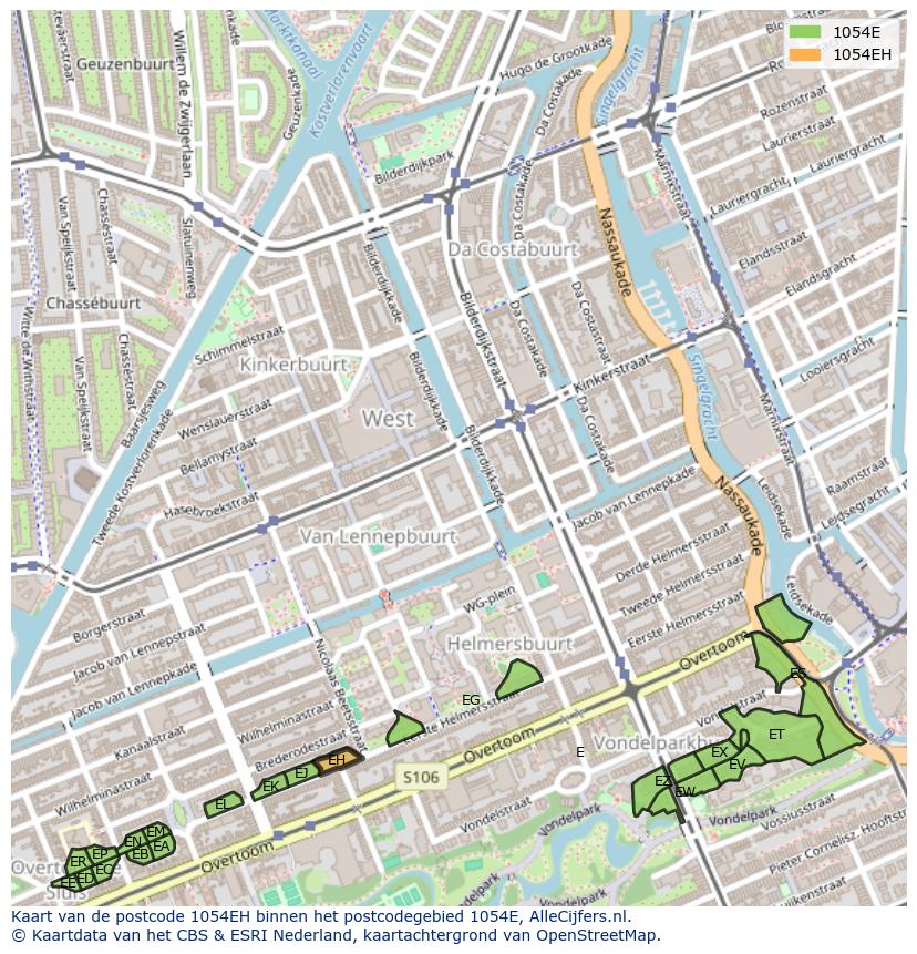 Afbeelding van het postcodegebied 1054 EH op de kaart.