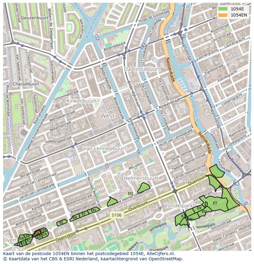 Afbeelding van het postcodegebied 1054 EN op de kaart.