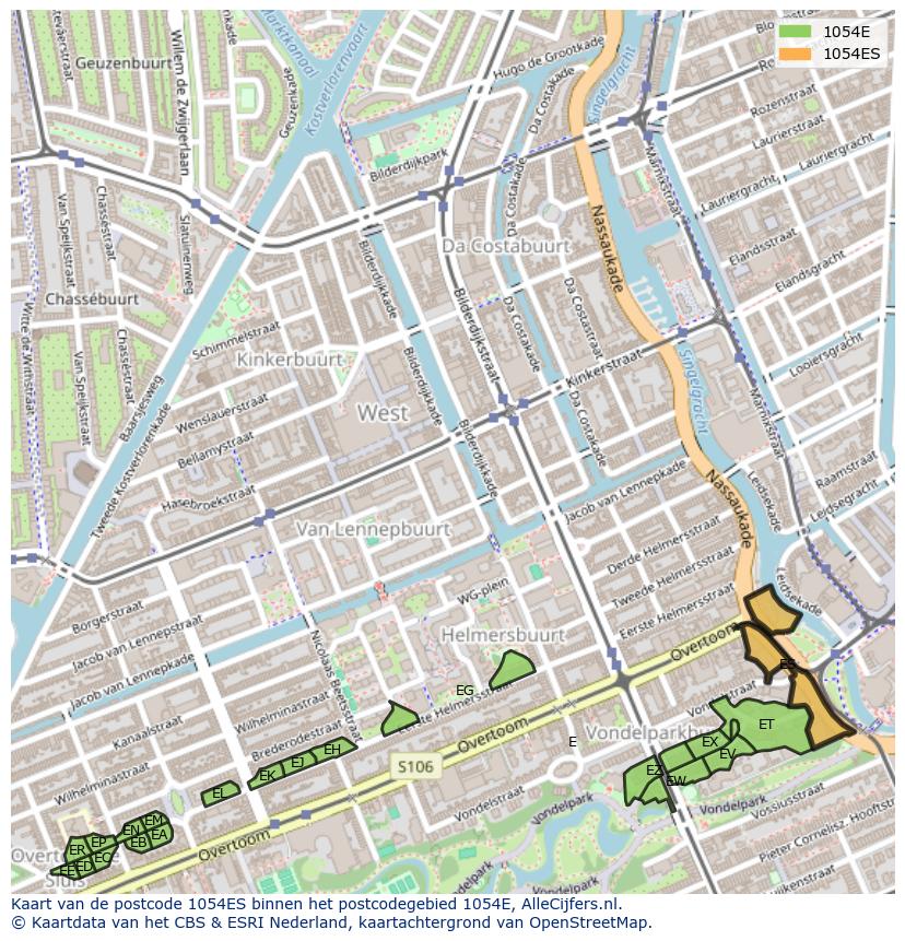 Afbeelding van het postcodegebied 1054 ES op de kaart.