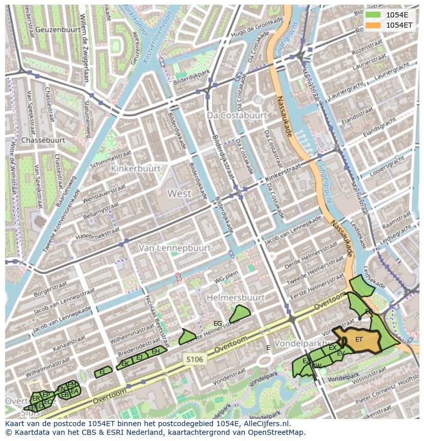 Afbeelding van het postcodegebied 1054 ET op de kaart.