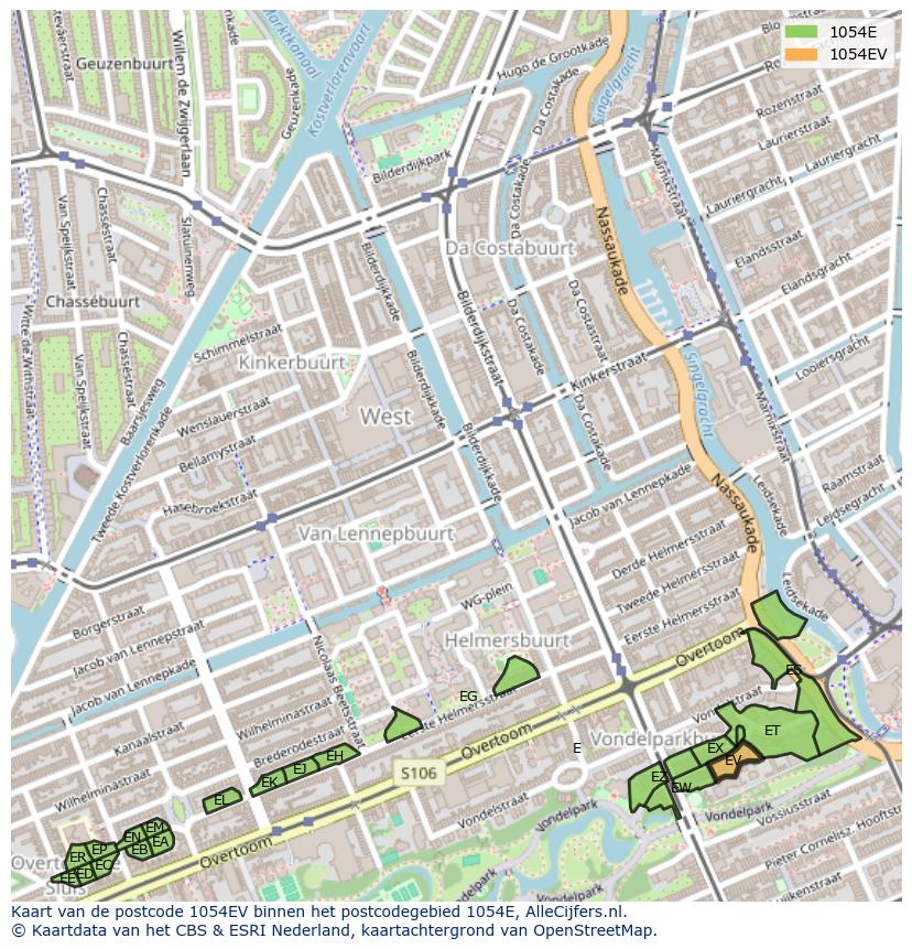 Afbeelding van het postcodegebied 1054 EV op de kaart.