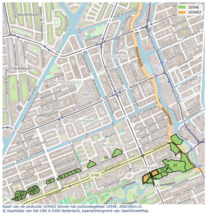 Afbeelding van het postcodegebied 1054 EZ op de kaart.