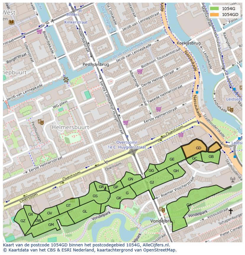 Afbeelding van het postcodegebied 1054 GD op de kaart.