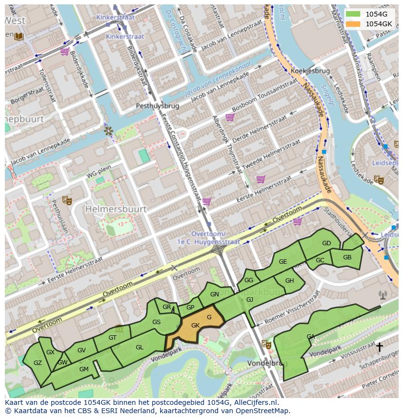 Afbeelding van het postcodegebied 1054 GK op de kaart.