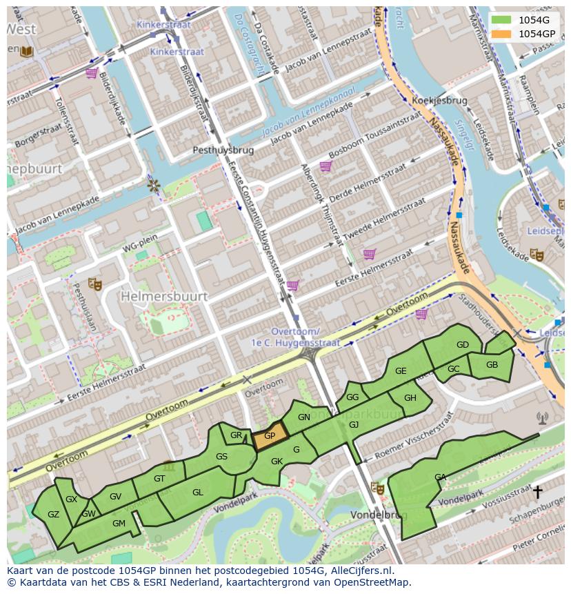 Afbeelding van het postcodegebied 1054 GP op de kaart.