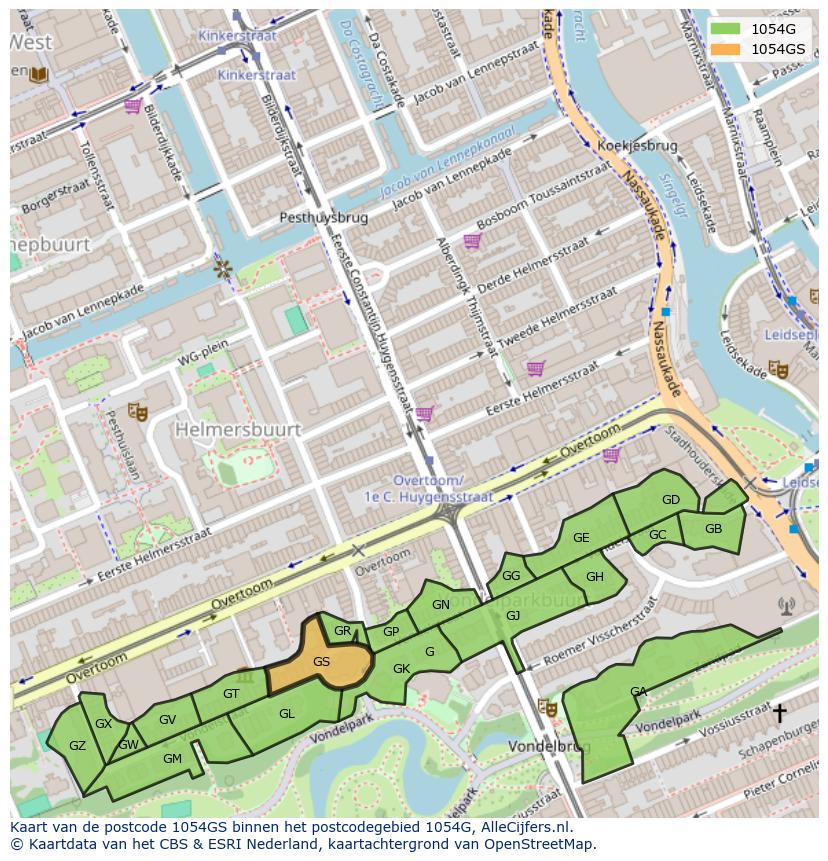 Afbeelding van het postcodegebied 1054 GS op de kaart.
