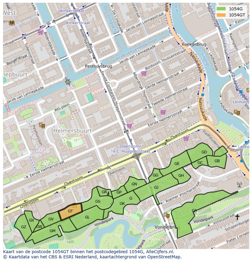 Afbeelding van het postcodegebied 1054 GT op de kaart.