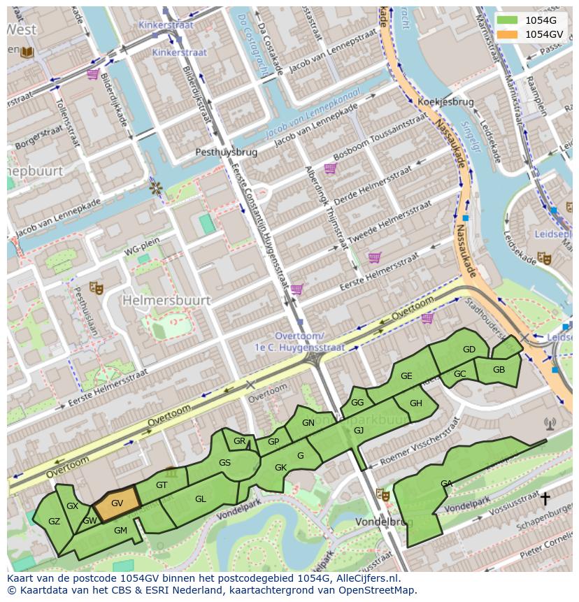 Afbeelding van het postcodegebied 1054 GV op de kaart.