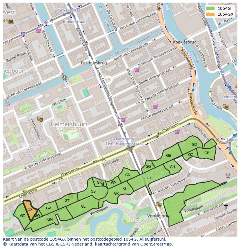 Afbeelding van het postcodegebied 1054 GX op de kaart.