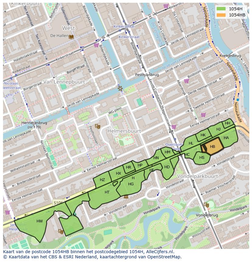 Afbeelding van het postcodegebied 1054 HB op de kaart.