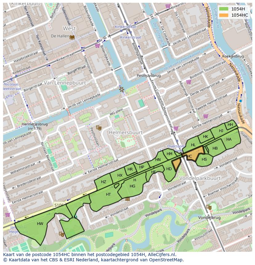 Afbeelding van het postcodegebied 1054 HC op de kaart.