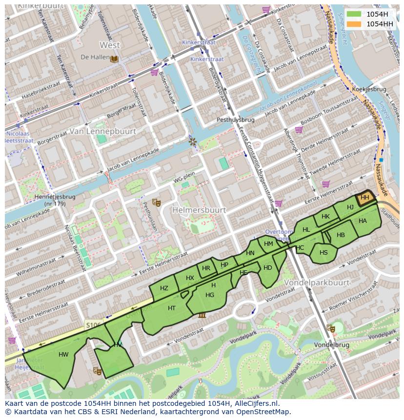 Afbeelding van het postcodegebied 1054 HH op de kaart.