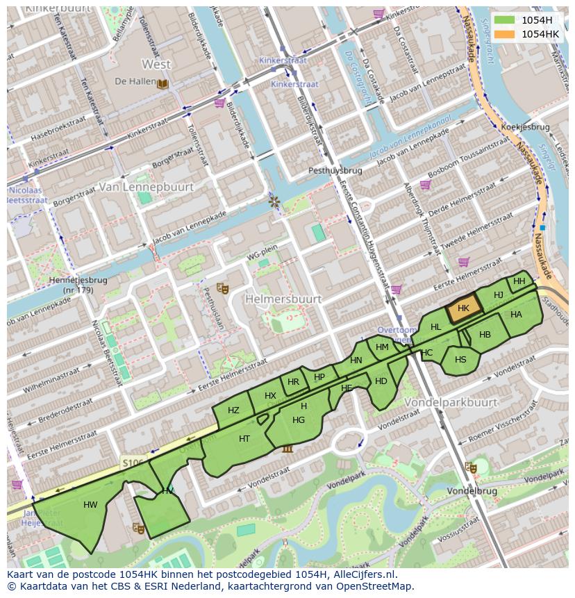 Afbeelding van het postcodegebied 1054 HK op de kaart.