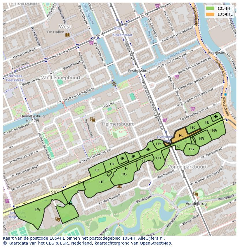 Afbeelding van het postcodegebied 1054 HL op de kaart.