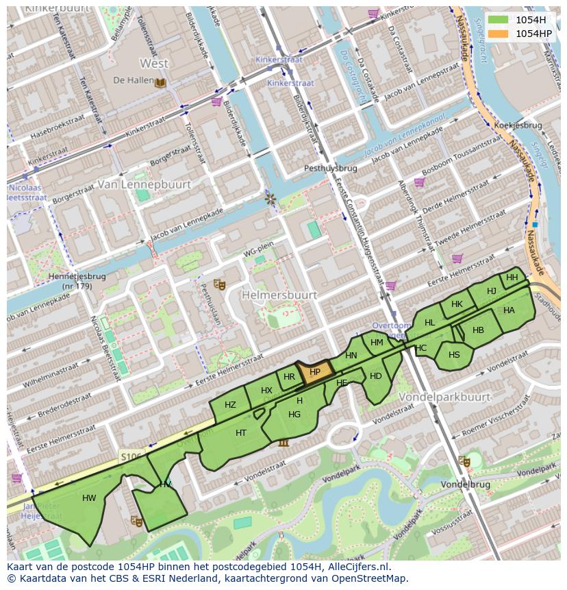 Afbeelding van het postcodegebied 1054 HP op de kaart.