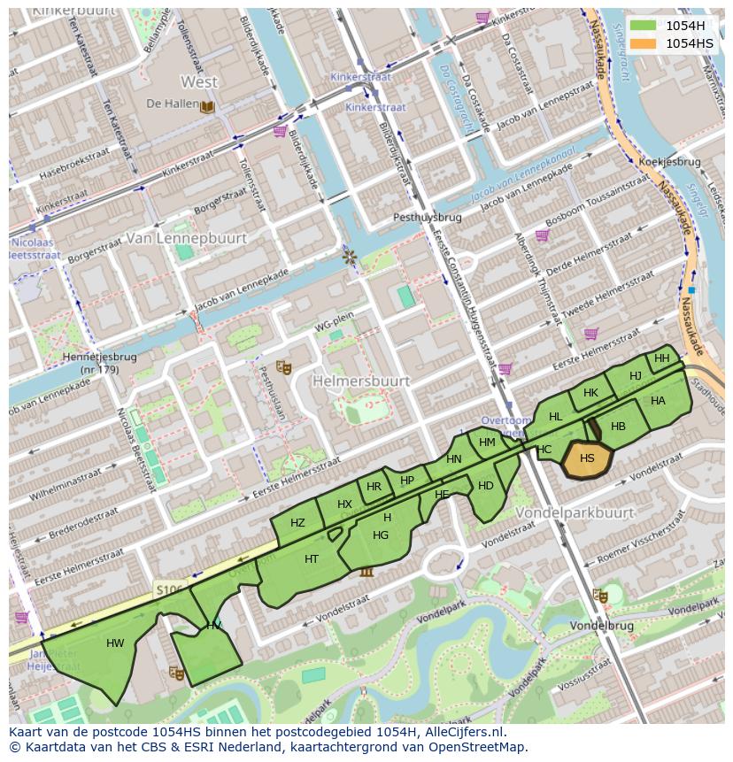Afbeelding van het postcodegebied 1054 HS op de kaart.