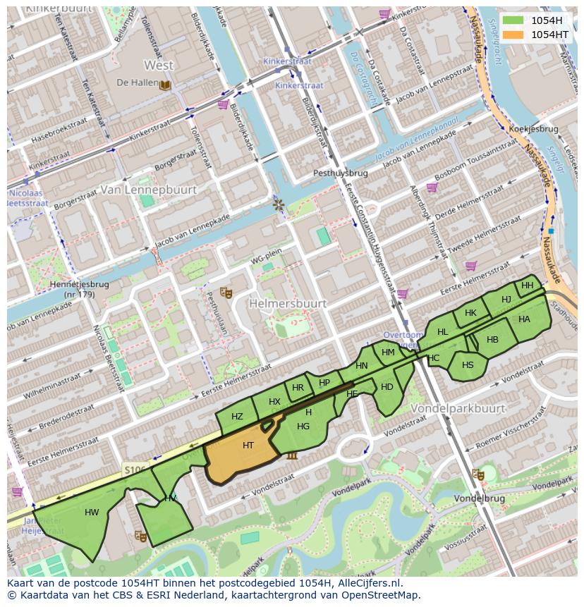 Afbeelding van het postcodegebied 1054 HT op de kaart.
