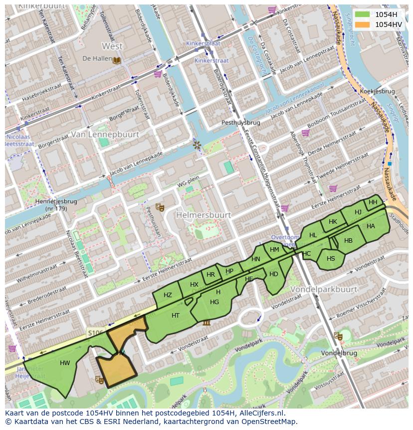 Afbeelding van het postcodegebied 1054 HV op de kaart.