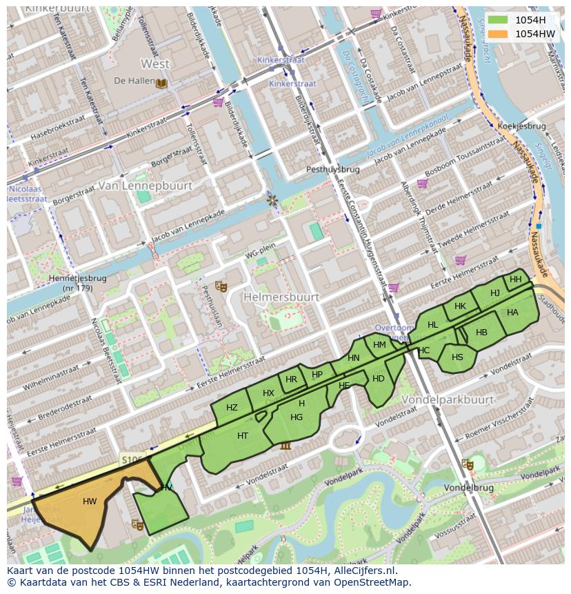 Afbeelding van het postcodegebied 1054 HW op de kaart.