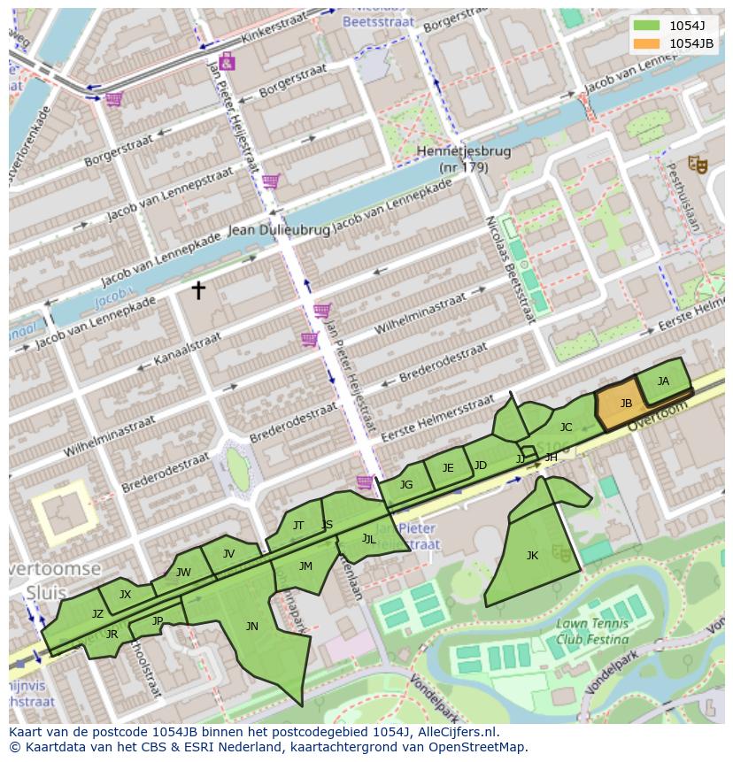 Afbeelding van het postcodegebied 1054 JB op de kaart.