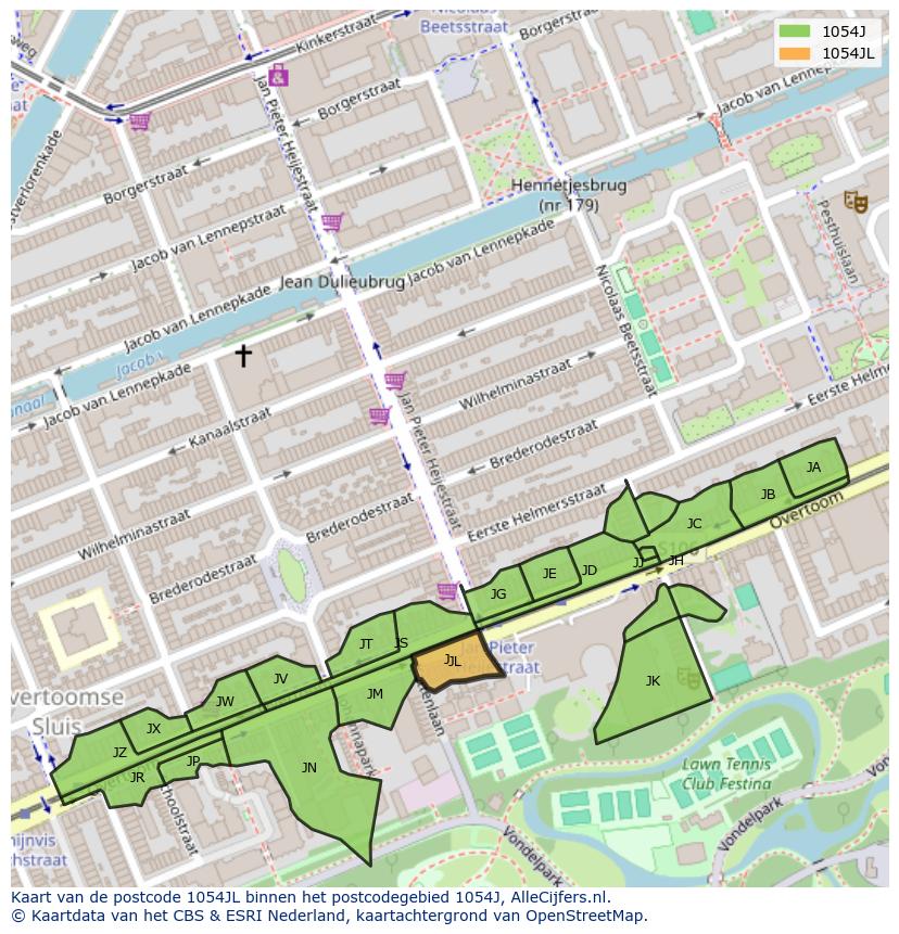 Afbeelding van het postcodegebied 1054 JL op de kaart.