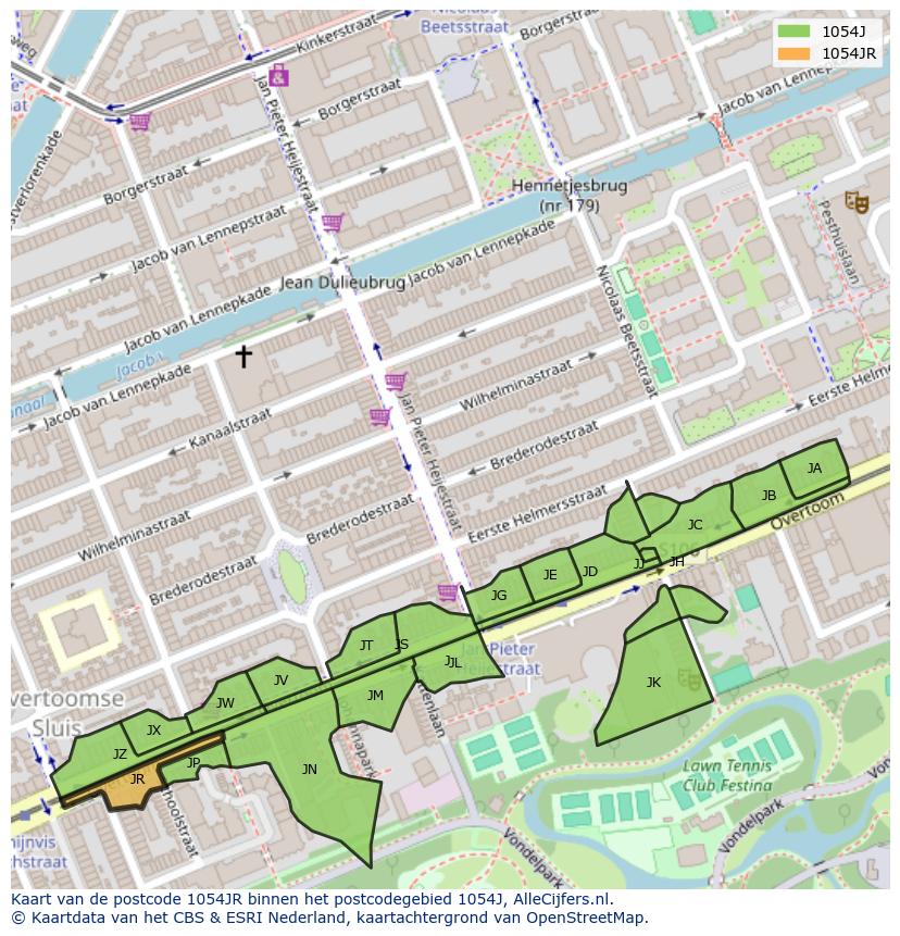 Afbeelding van het postcodegebied 1054 JR op de kaart.