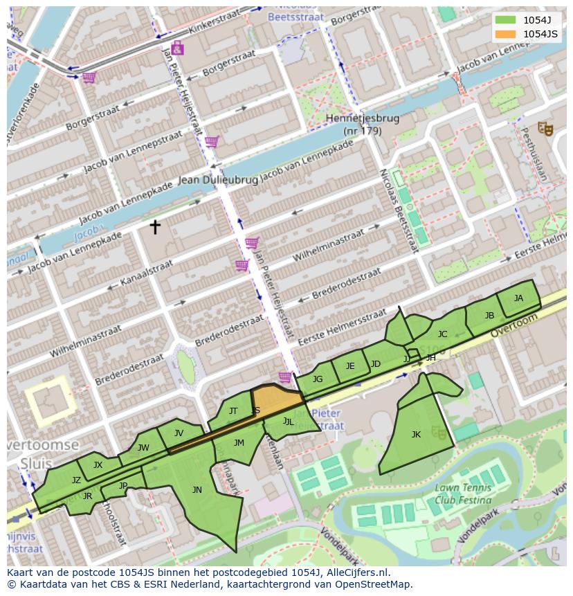 Afbeelding van het postcodegebied 1054 JS op de kaart.