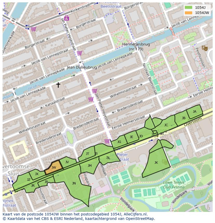 Afbeelding van het postcodegebied 1054 JW op de kaart.