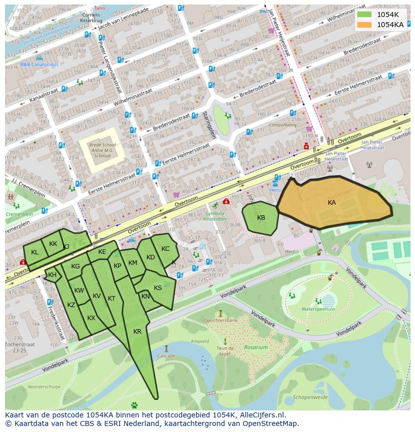 Afbeelding van het postcodegebied 1054 KA op de kaart.