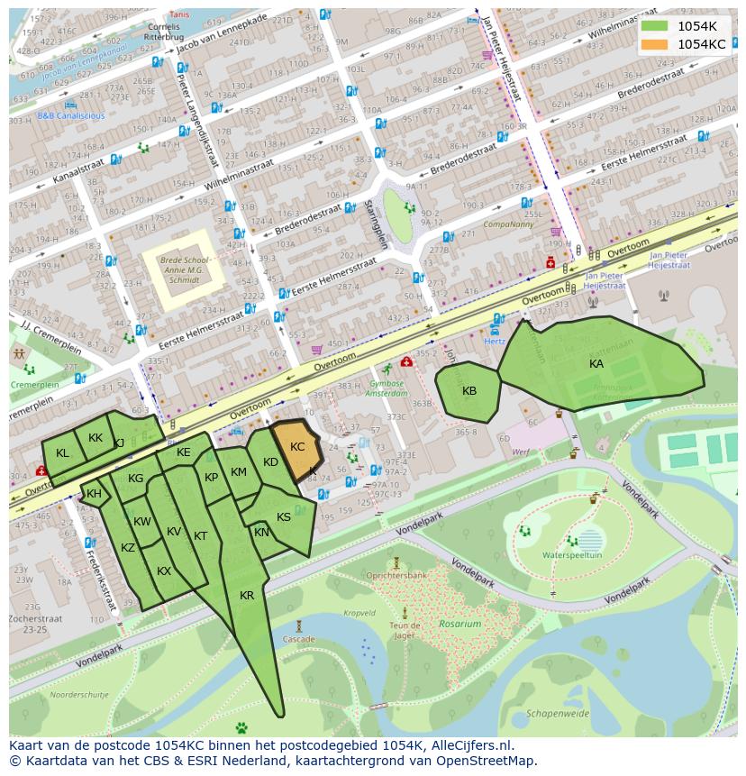 Afbeelding van het postcodegebied 1054 KC op de kaart.