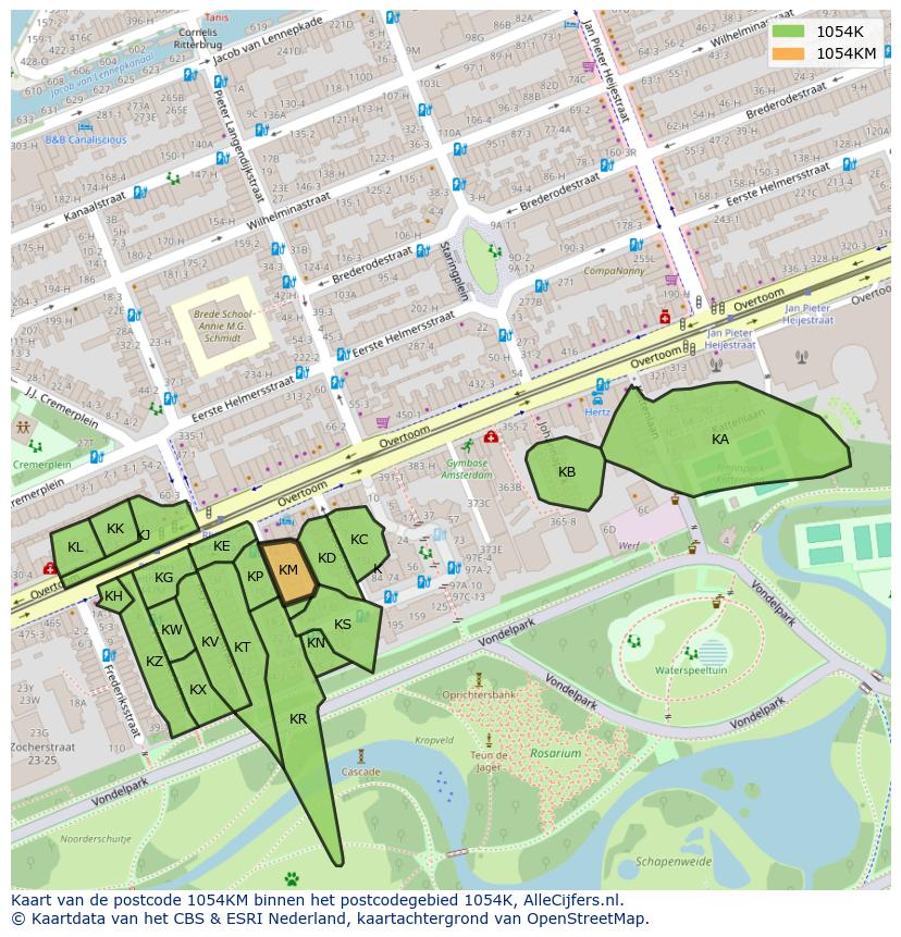 Afbeelding van het postcodegebied 1054 KM op de kaart.