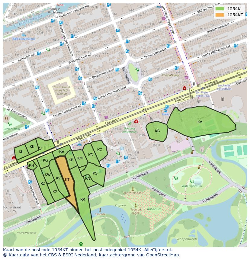 Afbeelding van het postcodegebied 1054 KT op de kaart.