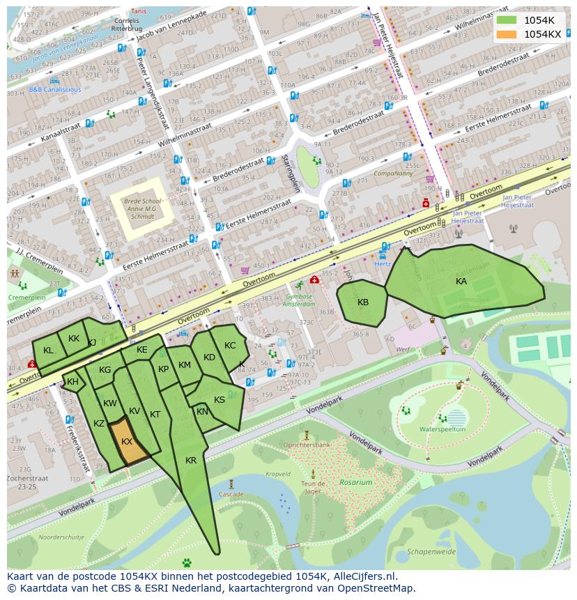 Afbeelding van het postcodegebied 1054 KX op de kaart.