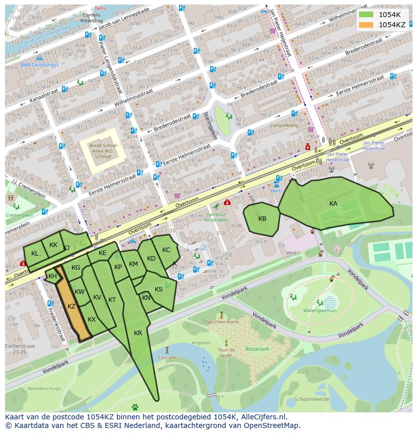 Afbeelding van het postcodegebied 1054 KZ op de kaart.