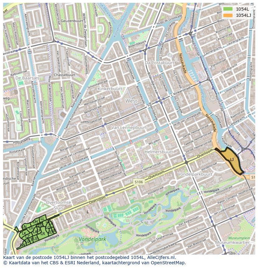 Afbeelding van het postcodegebied 1054 LJ op de kaart.