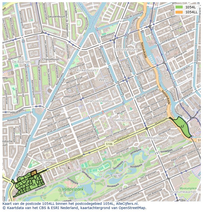 Afbeelding van het postcodegebied 1054 LL op de kaart.