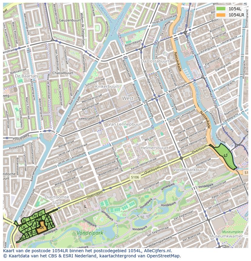 Afbeelding van het postcodegebied 1054 LR op de kaart.