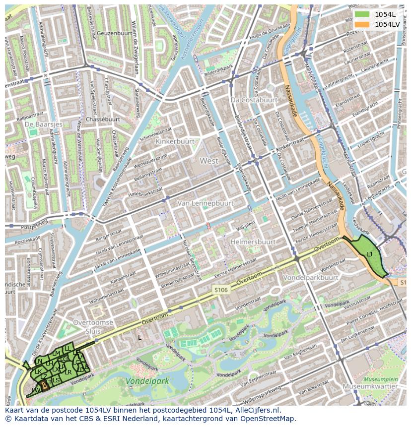 Afbeelding van het postcodegebied 1054 LV op de kaart.