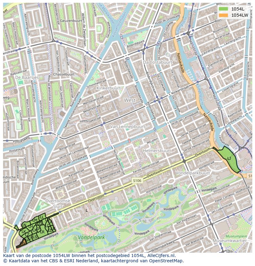 Afbeelding van het postcodegebied 1054 LW op de kaart.