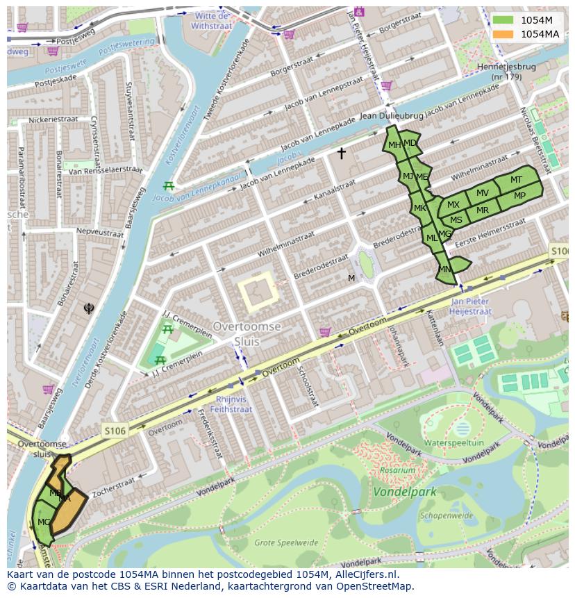 Afbeelding van het postcodegebied 1054 MA op de kaart.