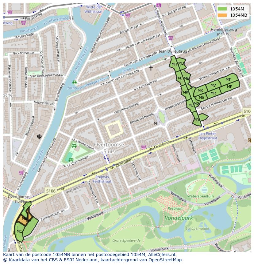 Afbeelding van het postcodegebied 1054 MB op de kaart.