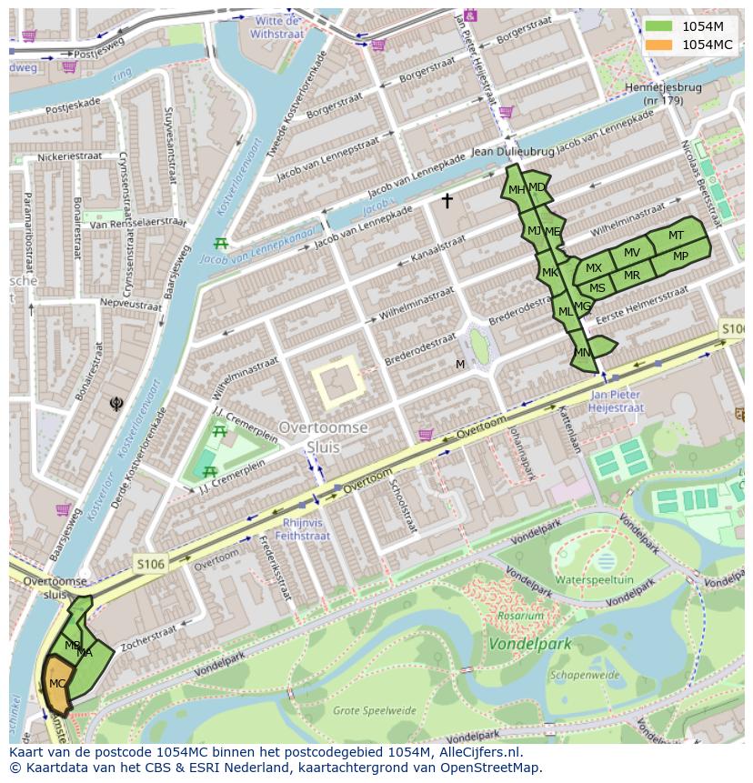 Afbeelding van het postcodegebied 1054 MC op de kaart.