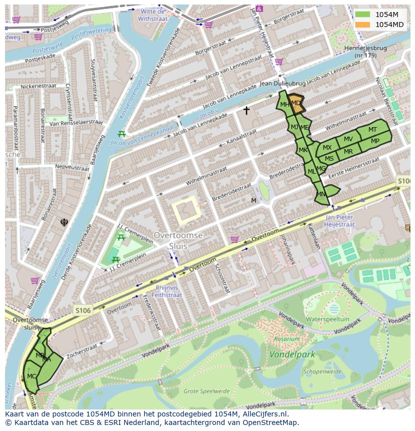Afbeelding van het postcodegebied 1054 MD op de kaart.