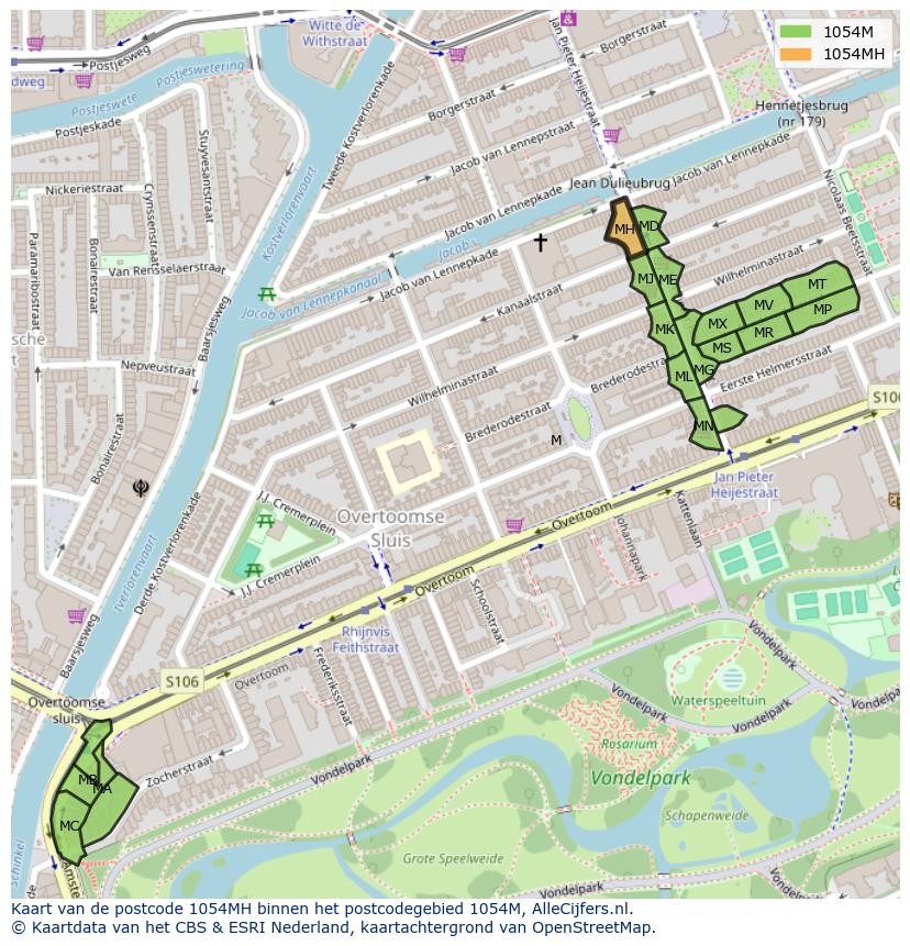 Afbeelding van het postcodegebied 1054 MH op de kaart.