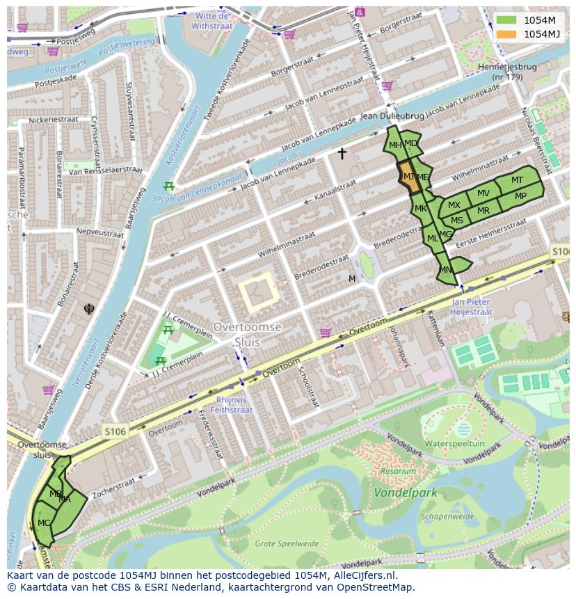Afbeelding van het postcodegebied 1054 MJ op de kaart.