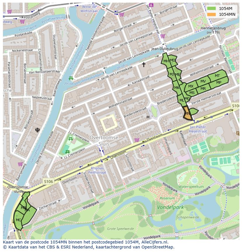 Afbeelding van het postcodegebied 1054 MN op de kaart.
