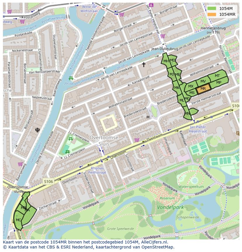 Afbeelding van het postcodegebied 1054 MR op de kaart.
