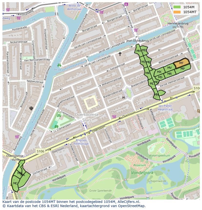 Afbeelding van het postcodegebied 1054 MT op de kaart.