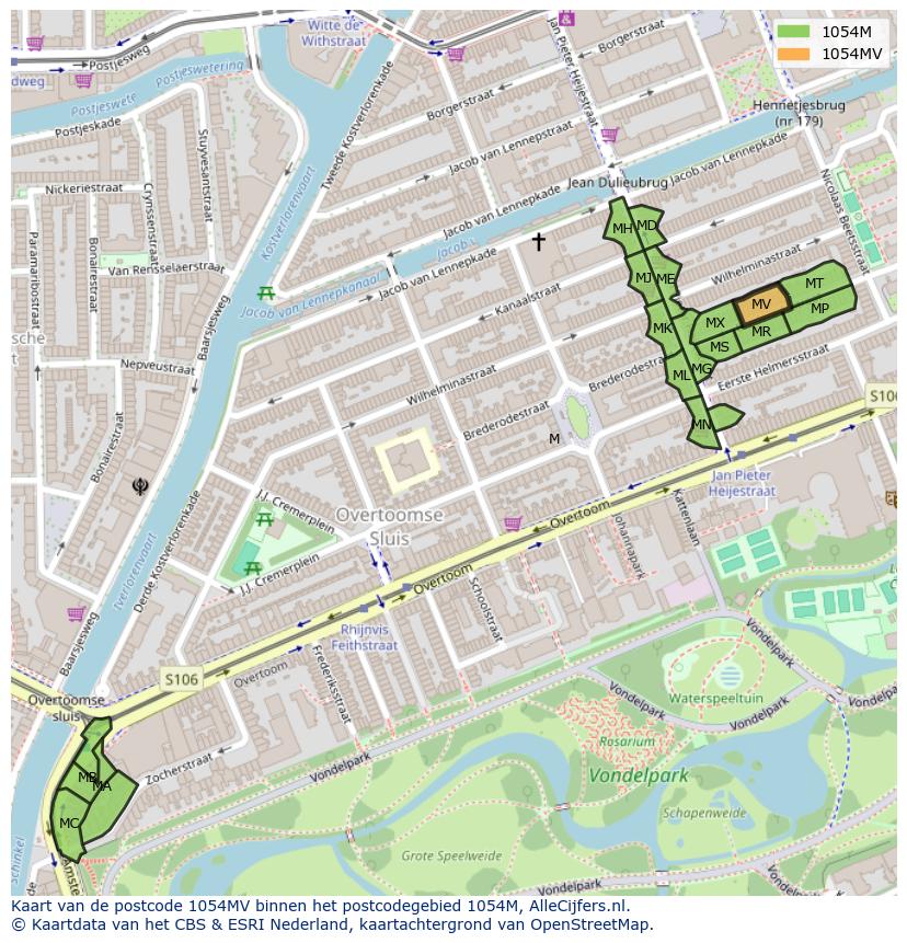 Afbeelding van het postcodegebied 1054 MV op de kaart.